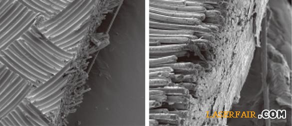 圖3、機(jī)械切割（左圖，放大500倍）和光纖激光器切割（右圖，放大1200倍）的邊緣切割質(zhì)量比較。