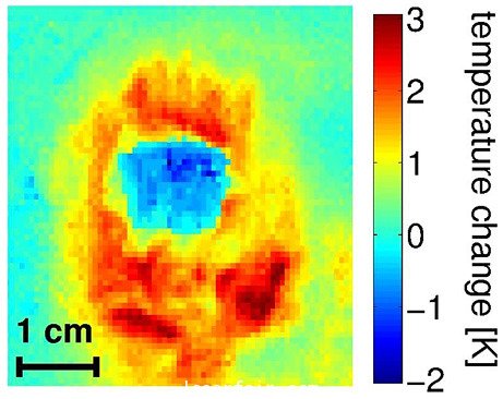  這張紅外照片顯示的是用激光進行冷卻后的氣體（藍色）以及它四周的金屬間（紅色和黃色）的溫度變化。在用一特種激光束進行了30秒的脈沖照射后，與它的容器相比，氣體的溫度下降了幾度。